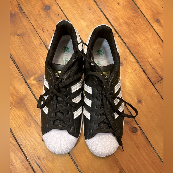 Vegan Adidas Black, White & Gold Superstar Sneakers - Picture 1 of 4